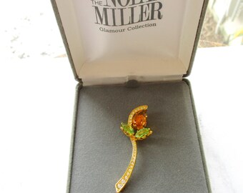 Nolan Miller Flower Bud Brooch Rhinestones Gold Plate Boutonniere Original Box