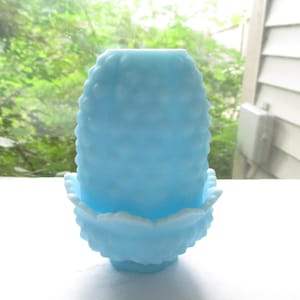 Fenton Blue Satin Hobnail Fairy Light Candle Holder Signed