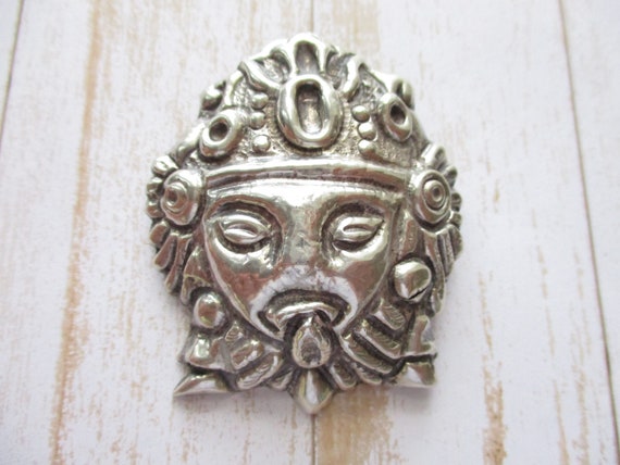 Vintage Mexico Aztec Warrior Face Mask Brooch Sig… - image 2