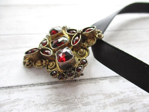 Vintage Sterling Red Glass Gold Washed Pendant Br… - image 5