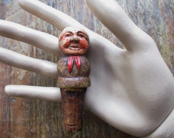 Vintage Folk Art Bottle Stopper Cork Hand Carved Wood Painted Granny Lady