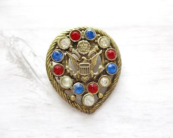 WWII Patriotic Sweetheart Brooch Fur Clip Eagle Emblem Red Clear Blue Rhinestones