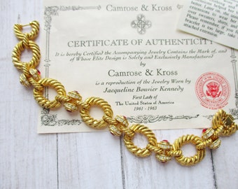 JBK Camrose & Kross Gold Plate Crystal Link Bracelet COA Jackie Kennedy