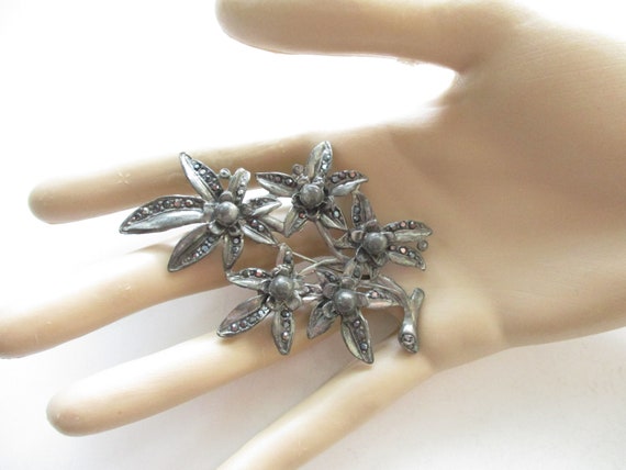 Vintage Pot Metal Glass Marcasite Flower Brooch S… - image 2