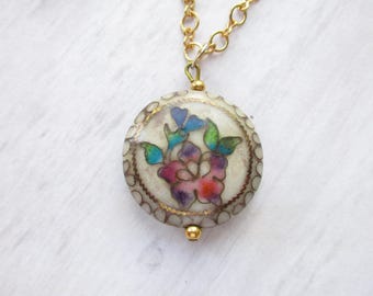 Vintage Cloisonne Butterfly Flowers Pendant Chain Necklace