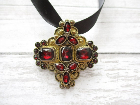 Vintage Sterling Red Glass Gold Washed Pendant Br… - image 10