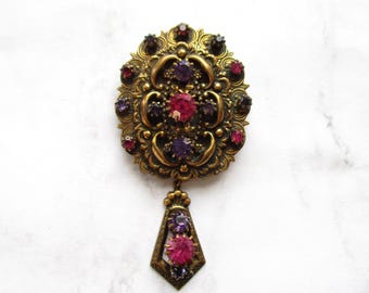 Vintage St. Labre Brooch | Mid-Century Purple & Hot Pink Rhinestone Pin | Ornate Dangle Pendant Necklace | 1960s Collectible Jewelry