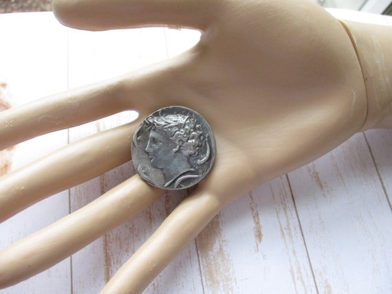 Vintage Faux Ancient Coin Brooch Antique Silver T… - image 3