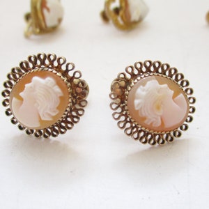 Gold Filled Shell Cameo Genuine Pearl Screw Back Earrings