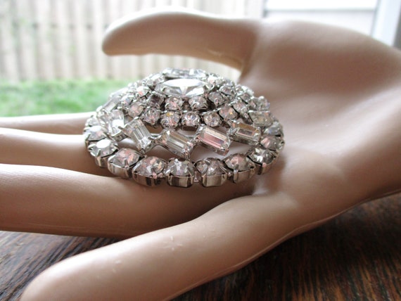 Vintage Large Crystal Rhinestone Dome Brooch Prong Set Silver Tone