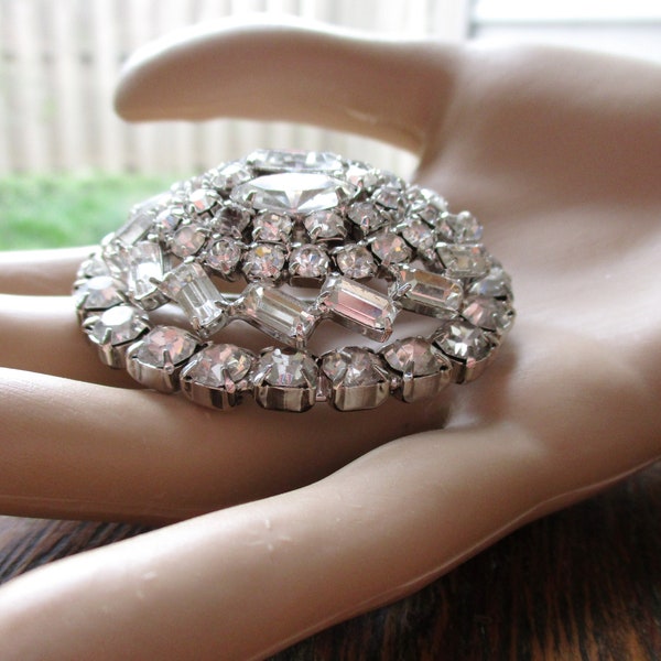 Vintage Large Crystal Rhinestone Dome Brooch Prong Set Silver Tone