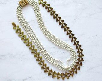 LOT Antique Art Deco Brass Choker Necklaces Enamel Ball Chain Multiple Strands Pair