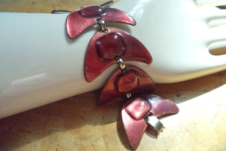 Signed Designer Kay Denning Glass Enamel Modernist Link Bracelet Red Purple Burgundy Color Blue Stunning Unusual Design