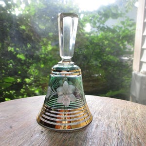 Czech Bohemian Crystal Bell Etched Gold Stripes Green