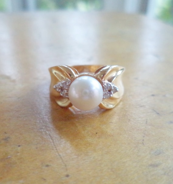 Retro 14K Pearl Diamond Ring Cultured Pearl Ring Y