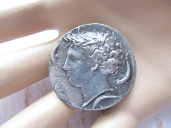Vintage Faux Ancient Coin Brooch Antique Silver T… - image 8