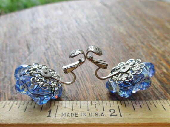 Vintage Blue AB Crystal Bead Earrings Clip On Ear… - image 7