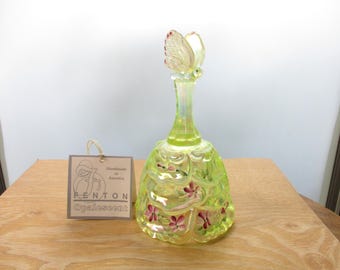 Vintage Fenton Yellow Topaz Opalescent Glass Bell with Butterfly Finial Artist Signed