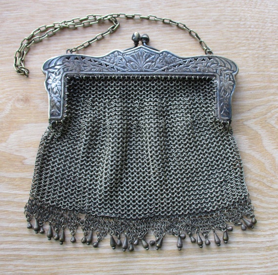 German Silver Victorian Mesh Chainmail Beaded Purse Vintage Antique Fashion  - CranberryManor Fine Antiques & Vintage Collectibles