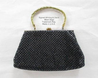 Vintage Whiting & Davis Black Mesh Hand Bag 2 Brass Handles Trademark Reg Made in USA