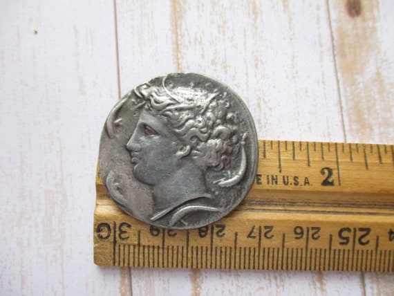 Vintage Faux Ancient Coin Brooch Antique Silver T… - image 5