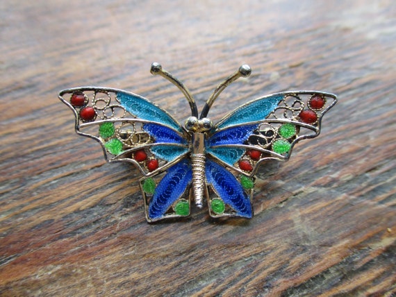 Vintage Butterfly Brooch Signed 800 Wire Work Ena… - image 1