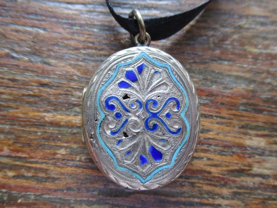 Antique Victorian Locket Pendant Gold Filled Blue… - image 6