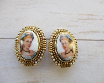 Vintage Limoges France Porcelain Portrait Cameo Clip on Earrings