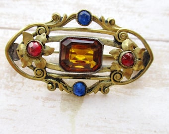 Vintage Art Nouveau Brooch | Ornate Brass Filigree Pin Multi-Color Rhinestones | 1920s 1930s