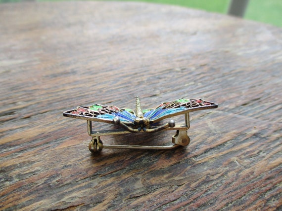 Vintage Butterfly Brooch Signed 800 Wire Work Ena… - image 10