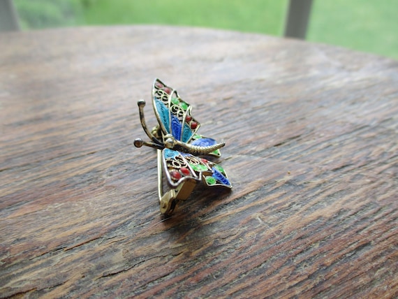 Vintage Butterfly Brooch Signed 800 Wire Work Ena… - image 2