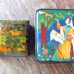 Pair Vintage Russian Hand Painted Lacquered Boxes Females Animals Male Hunter