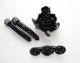 Vintage Art Deco Brooch LOT Early Plastic Black Rose Bar Pin Rhinestones