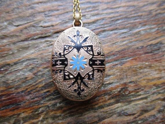 Antique Victorian Locket Gold Filled Blue Black En