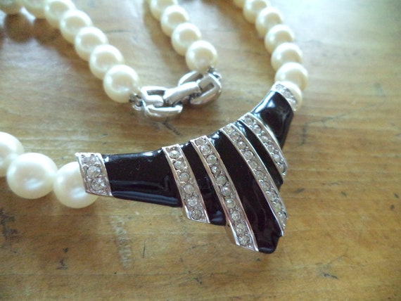 Signed Givenchy Pearl Crystal Black Enamel Necklac