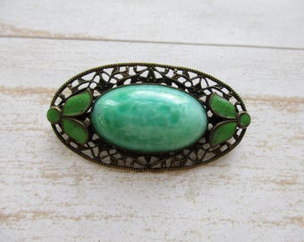 Antique Art Deco Czech Brooch, Green "Peking" Glass, Enameled Filigree Pin
