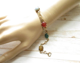Vintage Gold Filled Scarab Bracelet WRE 12K GF Carved Gemstones Tigers Eye Agate