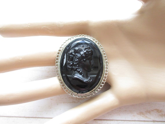 Vintage Black Glass Cameo Brooch Silver Tone Czec… - image 9