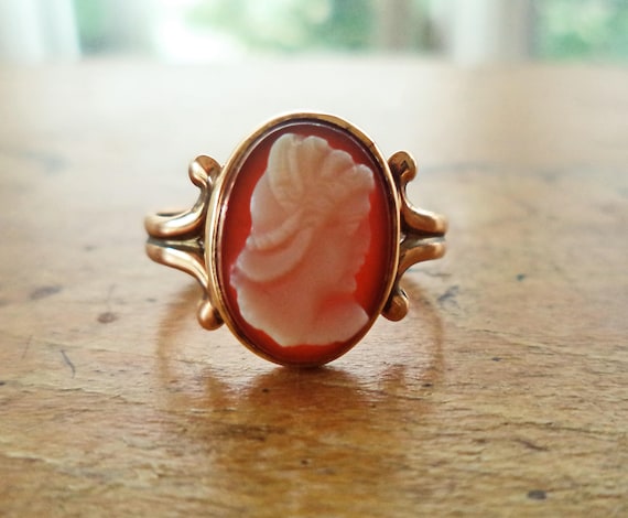 Antique 10K Rose Gold Cameo Ring Edwardian Art De… - image 1