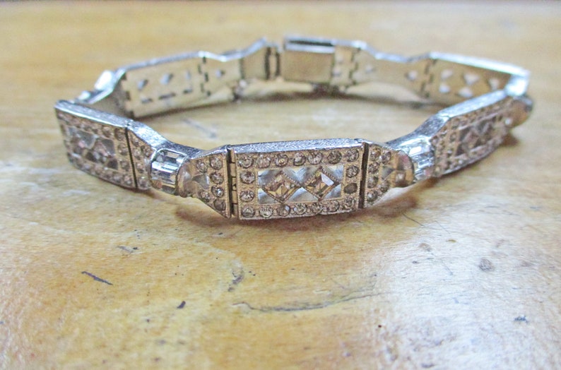 Vintage Art Deco Rhinestone Bracelet Rhodium Plate Silver Crystal Rhinestone Link Bracelet with Safety Chain