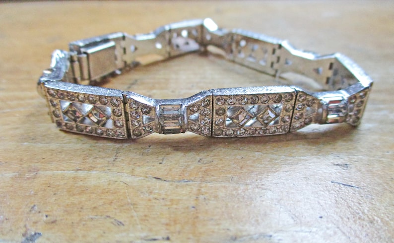 Vintage Art Deco Rhinestone Bracelet Rhodium Plate Silver Crystal Rhinestone Link Bracelet with Safety Chain