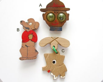 Vintage 1940s Hand Painted Wood Novelty Brooch Googly Eyes Soldier Boy Scout Dog Elephant