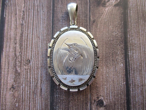Antique Victorian Sterling Locket Etched Crane Lar