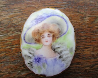 Antique Hand Painted Cameo Brooch Edwardian Lady