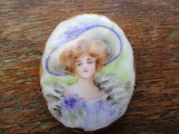 Antique Hand Painted Cameo Brooch Edwardian Lady - image 1