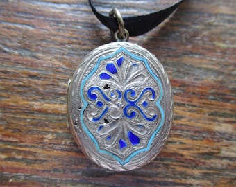 Antique Victorian Locket Pendant Gold Filled Blue Enamel