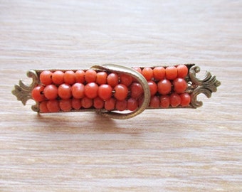 Antique Victorian Coral Bead Brooch 3 Rows Salmon Orange Color Genuine Coral C Catch Antique Jewelry