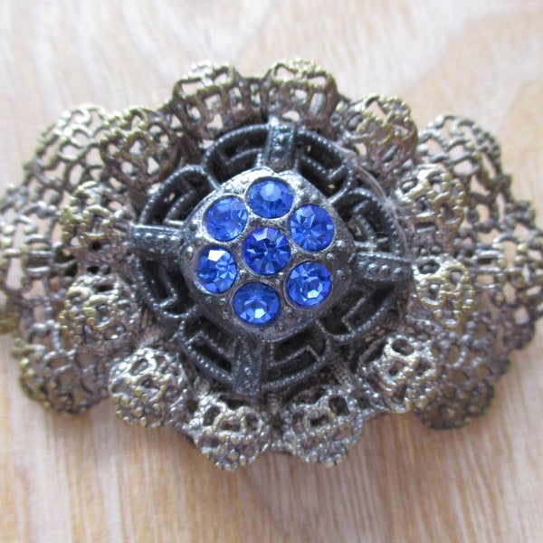 Vintage Czech Antique Silver Brooch Stamped Filigree Blue Rhinestone Brooch C Catch Ruffle Brooch