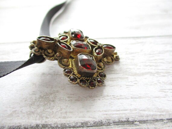 Vintage Sterling Red Glass Gold Washed Pendant Br… - image 3