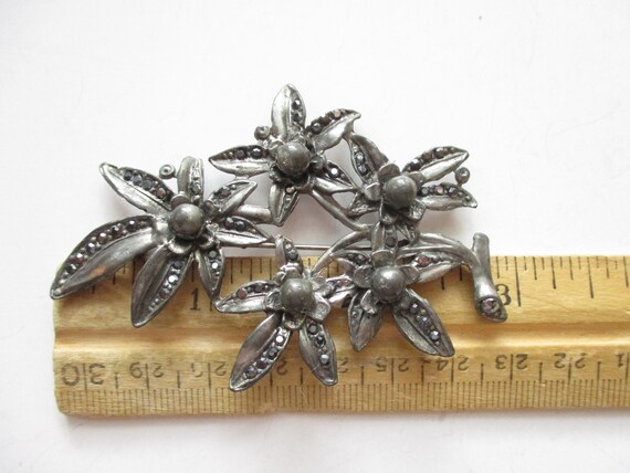 Vintage Pot Metal Glass Marcasite Flower Brooch S… - image 7